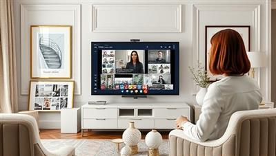 An elegant image showing a virtual interior designer interacting with a client via video call, displaying mood boards and 3D renderings on a digital screen, surrounded by stylish interior design samples and decorative elements, conveying sophistication and creativity.