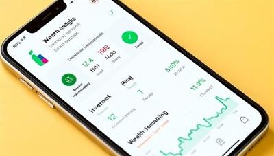 A smartphone displaying the WealthWise AI app interface with personalized financial insights, investment recommendations, budget tracking tools, and wealth-building progress, showcasing the app's comprehensive financial management capabilities and user-friendly design.