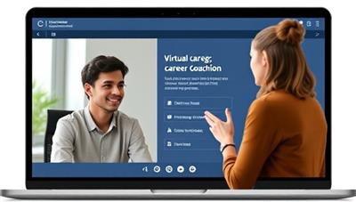 An online platform interface displaying a student receiving virtual career coaching, with a mentor providing guidance on career options and professional development, conveying mentorship and support.