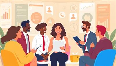 An interactive digital illustration of diverse entrepreneurs exchanging knowledge and resources in a vibrant online hub setting with insurance symbols and business growth elements, symbolizing collaboration and support in the Insurepreneur Hub community.