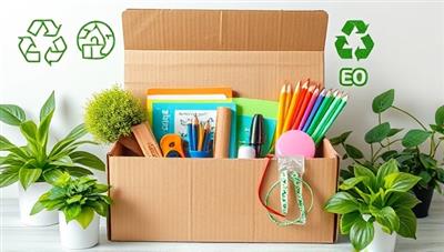 An aesthetically pleasing image showcasing a variety of eco-friendly school supplies neatly arranged in a recycled cardboard box, surrounded by green plants and eco-conscious symbols, creating a visually appealing and environmentally friendly impression.