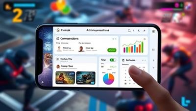 An AI-powered gaming companion app interface displayed on a smartphone screen, showing personalized gameplay recommendations, strategic tips, and in-game analytics overlaid on a dynamic gaming background, illustrating the app's AI capabilities and player-centric features.