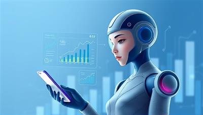An illustration of a sleek and futuristic virtual assistant with a digital display showing financial charts and recommendations, interacting with a user on a smartphone, symbolizing the advanced AI technology and personalized financial guidance offered by the platform.