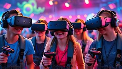 An exciting scene showing a group of players wearing VR headsets, immersed in a vibrant virtual world, with futuristic gadgets and challenges around them, capturing the essence of adventure and technology.