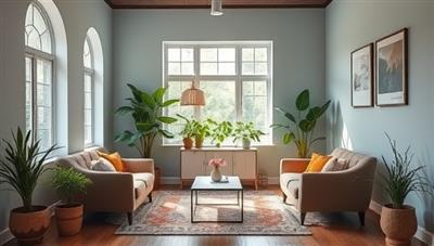 A serene office space with calming colors, comfortable seating, and plants, creating a peaceful environment for coaching sessions and workshops focused on mental wellness for entrepreneurs.