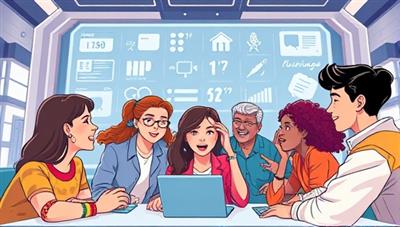 An illustration of a diverse group of people engaging in a virtual language lesson through a futuristic interface, showcasing excitement and progress in learning.