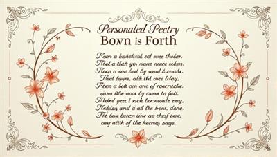 An elegant and artistic presentation of a handcrafted personalized poem, adorned with delicate calligraphy and floral motifs, symbolizing creativity, emotion, and the beauty of bespoke poetry.