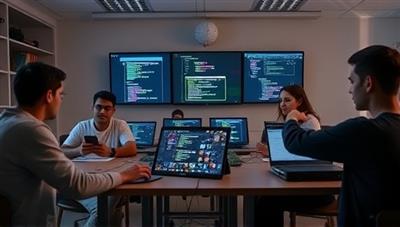A virtual coding bootcamp classroom environment with students collaborating on coding projects, receiving feedback from mentors, and showcasing their programming skills through live coding sessions, fostering a supportive and interactive community for aspiring coders.