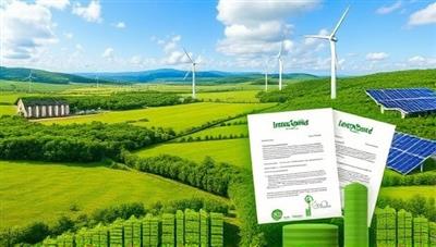 A visually striking image featuring a lush green landscape with renewable energy sources like wind turbines and solar panels, overlaid with insurance policy documents and symbols of sustainability, conveying the harmonious blend of eco-consciousness and insurance protection provided by GreenGuard Assurance.