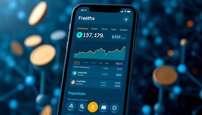 A futuristic visual of a digital wallet interface on a smartphone screen displaying blockchain-secured financial transactions and analytics, with virtual coins and blockchain nodes in the background, conveying innovation and data security in personal finance management.