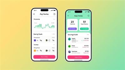 A vibrant and dynamic app interface showcasing various financial tools like income tracking, expense categorization, savings goals, and retirement planning specifically tailored for gig workers, illustrating financial empowerment and flexibility.