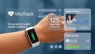 An illustrative representation of a user wearing a VitaTrack wearable device, displaying health metrics like heart rate, steps taken, and sleep quality on a digital interface, with personalized health recommendations and goal achievements, reflecting the proactive health monitoring capabilities provided by VitaTrack Wearables.