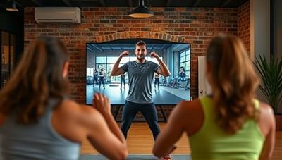A dynamic image of a virtual fitness coach leading an energetic workout session via a live video stream, with participants following along from various locations, showcasing convenience and engagement.