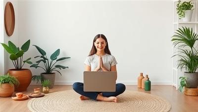 A virtual wellness studio setting with a health coach conducting a virtual session with a client, surrounded by serene nature elements, meditation aids, and wellness resources, creating a tranquil and supportive space for holistic health and well-being.