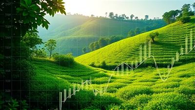 An artistic representation of a lush green landscape with financial graphs and sustainable symbols intertwined, depicting the harmonious blend of eco-consciousness and wealth creation through sustainable investments.