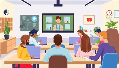 A digital illustration of a virtual classroom setting with a diverse group of students engaged in an interactive online tutoring session, showcasing a dynamic and engaging learning environment.