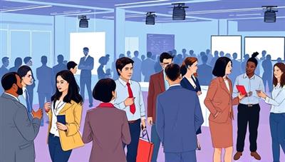 A professional digital illustration showcasing a virtual networking event with professionals engaging in conversations, exchanging virtual business cards, and attending industry-specific breakout sessions, symbolizing career growth and networking opportunities in a digital environment.