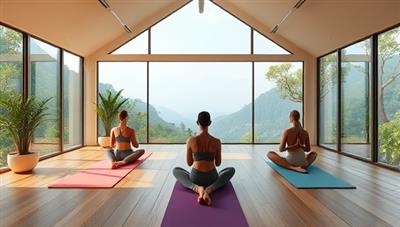 An immersive virtual yoga studio environment with serene nature views, calming music, and virtual yoga mats, featuring avatars of participants practicing yoga poses and meditation techniques in a tranquil and relaxing digital retreat setting, promoting wellness and mindfulness in a virtual space.