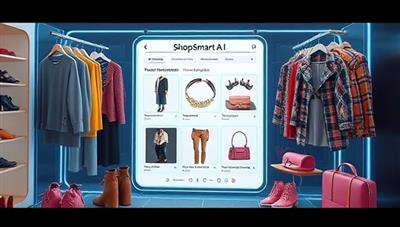 An artistic digital rendering of the ShopSmart AI virtual assistant interface, displaying fashion recommendations, style inspirations, and interactive shopping options, surrounded by virtual wardrobe elements and trendy fashion accessories, creating a futuristic and personalized shopping experience.