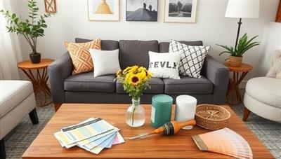 A cozy living room setting with DIY home decor projects, paint swatches, and renovation tools displayed on a table, showcasing the creative and hands-on approach to home improvement courses at Crafty Home Renovations.