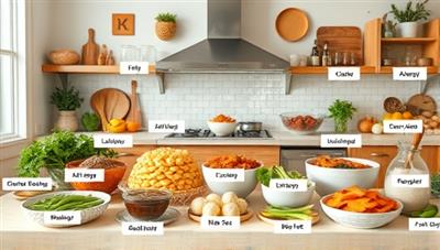 An inclusive image showcasing a diverse array of allergy-friendly dishes and ingredients, labeled with allergen information and dietary symbols, displayed in a welcoming kitchen setting, conveying safety, variety, and culinary creativity in allergen-free cooking.