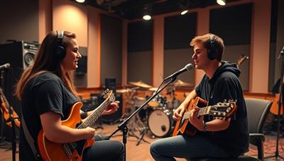 An inspiring virtual music studio scene with a teenager receiving feedback from a mentor on their performance, surrounded by musical instruments and recording equipment, capturing the essence of creativity and growth in Harmony Mentor Hub.