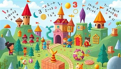 An imaginative illustration of a fantasy-themed math world populated with animated characters, mathematical symbols, and challenging puzzles, inviting users to embark on a math adventure filled with excitement and learning opportunities.