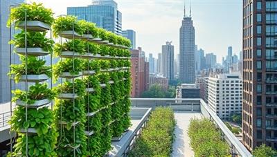 An urban rooftop garden filled with lush green plants growing in vertical hydroponic towers, surrounded by city skyscrapers, illustrating the harmony between nature and urban living in a sustainable way.
