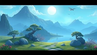 A serene virtual landscape blending gaming elements with natural scenery, peaceful soundscapes, and relaxing visualization cues, inviting users to immerse themselves in a tranquil oasis within the ZenGamer Oasis subscription service.