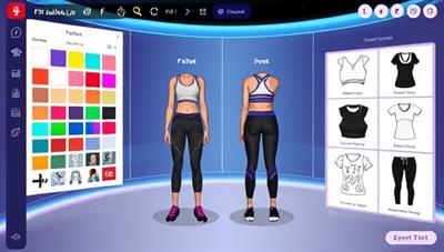 An interactive virtual design studio interface displaying a variety of fitness apparel customization options, from color palettes and fabric swatches to design templates and style suggestions, with a user creating a unique workout outfit in a fun and engaging digital environment, highlighting the creativity and personalization offered by FitFashionLab.