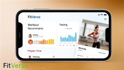 A smartphone displaying the FitVerse app interface with workout recommendations, progress tracking graphs, and a virtual trainer guiding a user through a workout session, conveying convenience and professional guidance.