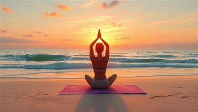 A serene digital illustration of a virtual wellness retreat setting, featuring a tranquil yoga session on a peaceful beach, surrounded by calming ocean waves and a picturesque sunset, evoking a sense of relaxation and inner peace.