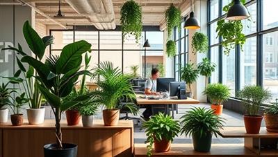 An office setting with eco-friendly decor, such as plants, recycled materials, and energy-efficient lighting, evoking a sustainable and environmentally conscious work environment.