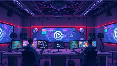 An artistic depiction of a virtual gaming studio environment with developers, designers, and sound engineers collaborating on game projects in a digital workspace, showcasing the creativity and teamwork facilitated by GameForge.