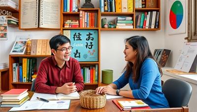 A virtual language coaching session in progress, with a language coach and a student engaged in a lively conversation on a video call, surrounded by language learning materials and cultural artifacts, illustrating a dynamic and interactive learning environment.