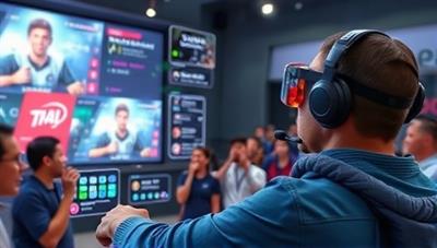 An augmented reality scene showing an eSports fan interacting with a virtual pro player in a live AR meet-up, with digital overlays displaying player stats, fan messages, and interactive elements, showcasing the immersive fan engagement possibilities of the platform.