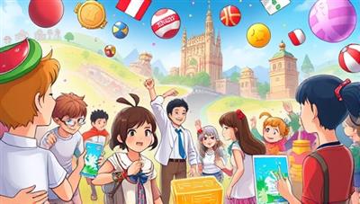 An animated depiction of users immersed in a virtual world filled with language challenges and rewards, showcasing the excitement and engagement of the gamified learning experience.