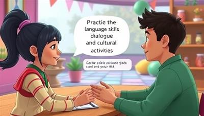 An animated image of a user interacting with a virtual character in a colorful digital environment, practicing language skills through dialogue and cultural activities, capturing the essence of immersive learning.