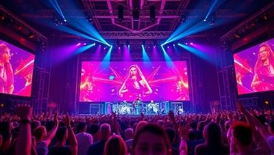 A dynamic and vibrant virtual concert stage with colorful lights, energetic performers, and a virtual crowd of cheering avatars, capturing the excitement and energy of a live music event in a digital space.