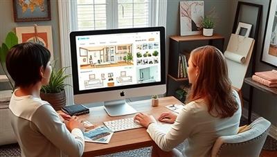 An artistic rendering of a virtual interior design consultation session with a designer showcasing digital room layouts, color schemes, and decor suggestions on a computer screen, surrounded by design samples and mood boards, creating a virtual design studio atmosphere.