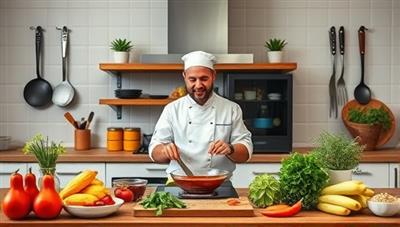 An inviting kitchen setup with a chef demonstrating a cooking technique on a virtual call, surrounded by fresh ingredients and cooking utensils, conveying a sense of interactivity and culinary learning.