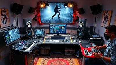 An artistic representation of a virtual music studio setup with digital audio workstations, MIDI controllers, and studio monitors, surrounded by creative musical elements and a diverse group of students collaborating on music projects, capturing the essence of a dynamic and collaborative music production academy.