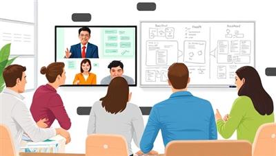 An engaging visual of a virtual team building session with employees participating in a collaborative online game, a virtual whiteboard for brainstorming ideas, and a team leader facilitating discussions, illustrating teamwork and camaraderie in a virtual workspace.
