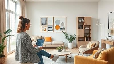 An interior design consultation scene with a designer virtually guiding a client through a room makeover project, using digital mood boards, color swatches, and furniture samples to visualize the design concept, creating an immersive and personalized virtual design experience.