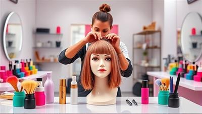 A vibrant and dynamic virtual hairstyling workshop setup with a professional hairstylist demonstrating a trendy hairstyle on a mannequin head, surrounded by colorful hair accessories and styling tools, exuding creativity and hands-on learning.