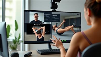 An engaging visual of a fitness coach conducting a virtual training session with a client via a telecommunications platform, showing workout demonstrations and providing motivational support, illustrating the personalized and interactive nature of the service.