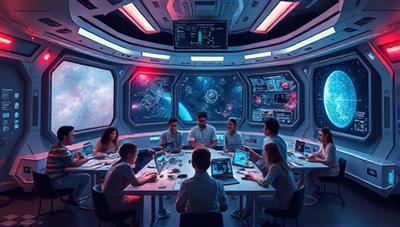 An imaginative visual representation of the Cosmic Tales Camp, featuring a virtual space station setting with participants engaged in storytelling activities, futuristic props, holographic displays, and a galaxy backdrop, inspiring creativity and exploration in the realm of science fiction storytelling.
