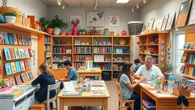 An inviting image of a cozy craft studio filled with colorful art supplies, workstations, and finished craft projects displayed on shelves, with customers of all ages engaged in creative activities and enjoying the crafting experience together.