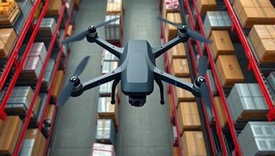 An aerial photograph captured by a drone from SkyWatch Inventory, showing a bird's eye view of a warehouse with inventory neatly arranged and labeled, demonstrating the comprehensive monitoring capabilities and efficiency of the drone inventory service.