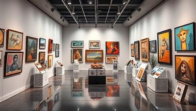 An immersive digital representation of a virtual art gallery showcasing a diverse collection of artworks, with interactive features for users to explore, zoom in on details, and engage with artists through virtual chat functions, capturing the creativity and sophistication of the online art exhibition platform.